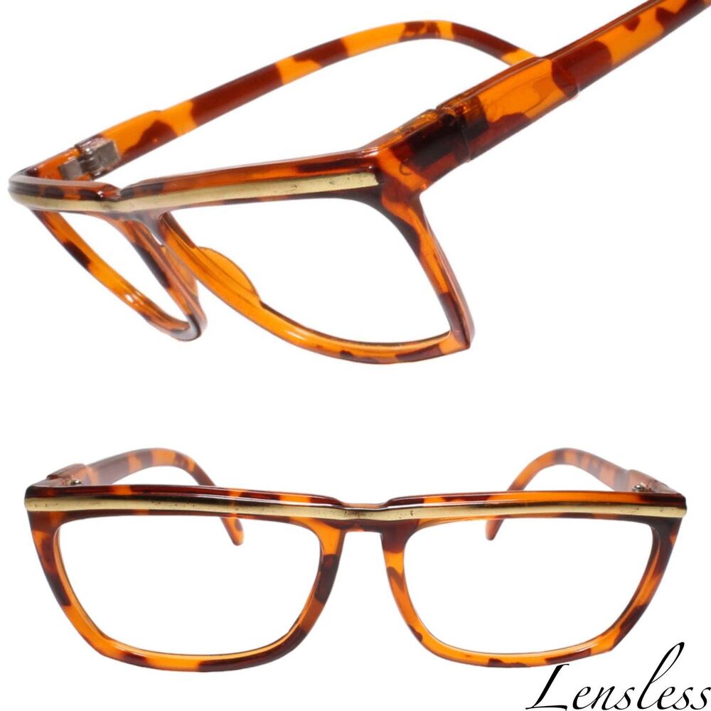 Genuine Vintage Gold Accent Tortoise Lensless Eye Glasses Rectangle Frames